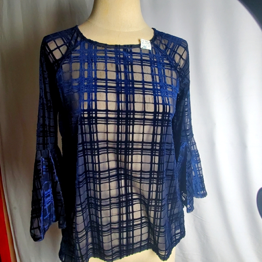 LC LAUREN CONRAD RUNWAY BLOUSE, XSMALL, BLUE, SHEER